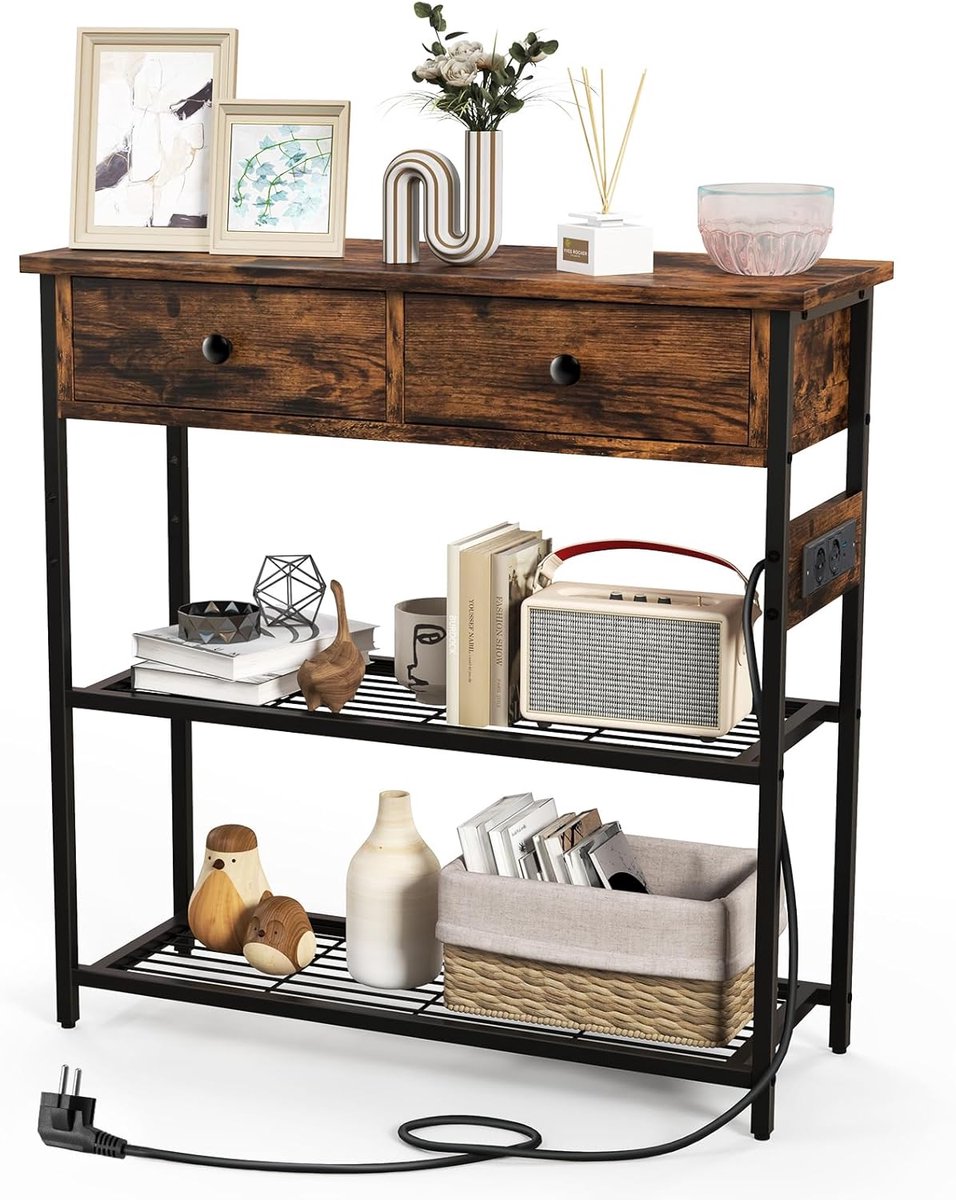 COSTWAY Consoletafel met laadstation, haltafel met 2 laden en 2 metalen roosterplanken, met stopcontacten en USB & TypeC-aansluitingen, bijzettafel vintage