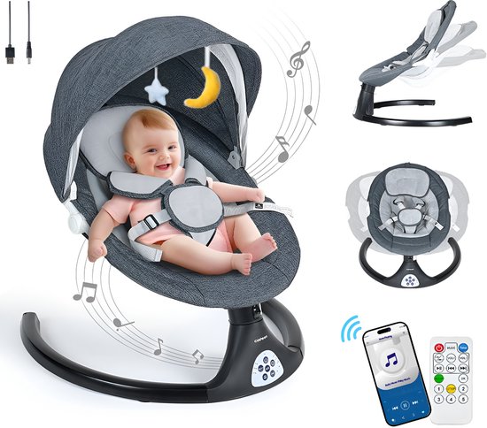 Elektrische Wipstoel - met Timer Afstandsbediening Bluetoothmusic - 5 Zwenksnelheden en 3 Zitposities - Babyschommel - Donkergrijs