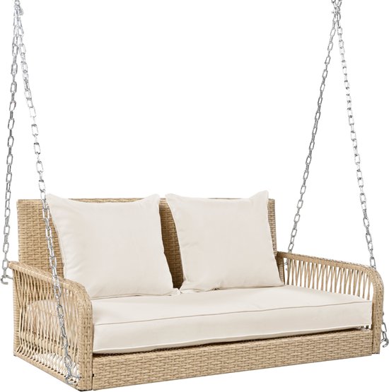 Tuinschommel, tuinmeubelset voor buiten, beige rotan, beige zitkussen, 2 zitplaatsen, met zitkussen en rugkussen, afneembaar en wasbaar