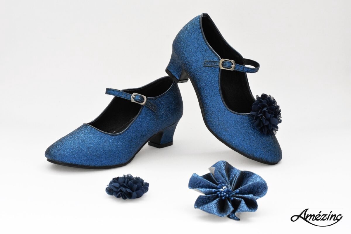 Amezing Shoes Glitterschoen navy met hakje valt klein (binnenzool Spaanse schoenen