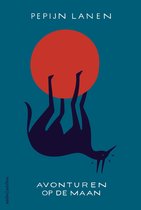 Boekcover: Avonturen op de maan. Een donkere vorm met oranje cirkel bovenop.