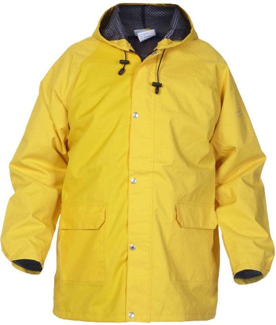 Gele Hydrowear werkjas met drukknoopsluiting, capuchon en twee steekzakken.