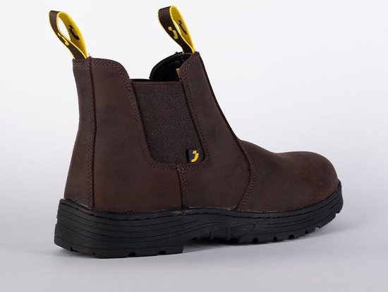 Donkerbruine leren Chelsea boot, van achteren gefotografeerd met gele lusjes.