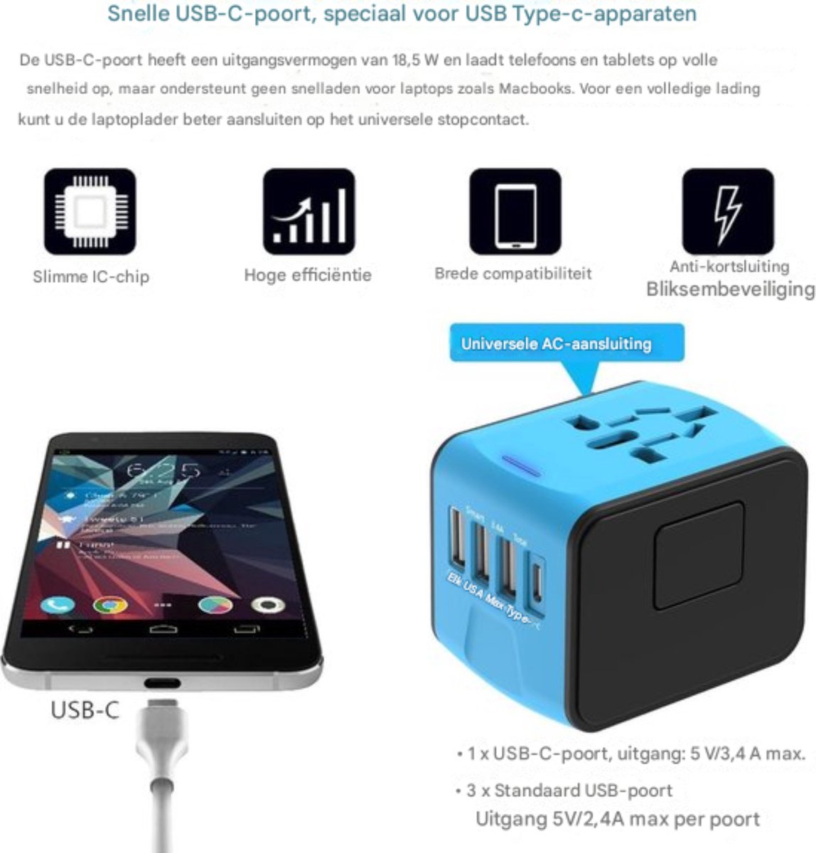Universele Reisadapter - Compact Ontwerp - Met 3 USB-Poorten - Wereldwijd Gebruik — cadeau in Gadgets - foto 5