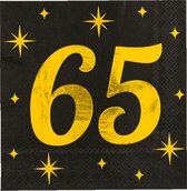Paperdreams Verjaardag feest servetten - leeftijd 65 jaar - 16x stuks - zwart/goud - sterren - 33 x 33 cm