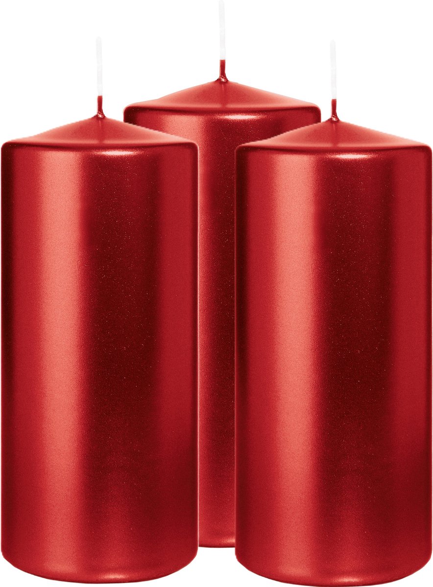 Wiedemann Cilinderkaars/stompkaars - 3x - metallic rood - 15 x 7 cm - 63 branduren - zuilkaarsen Donkerrood
