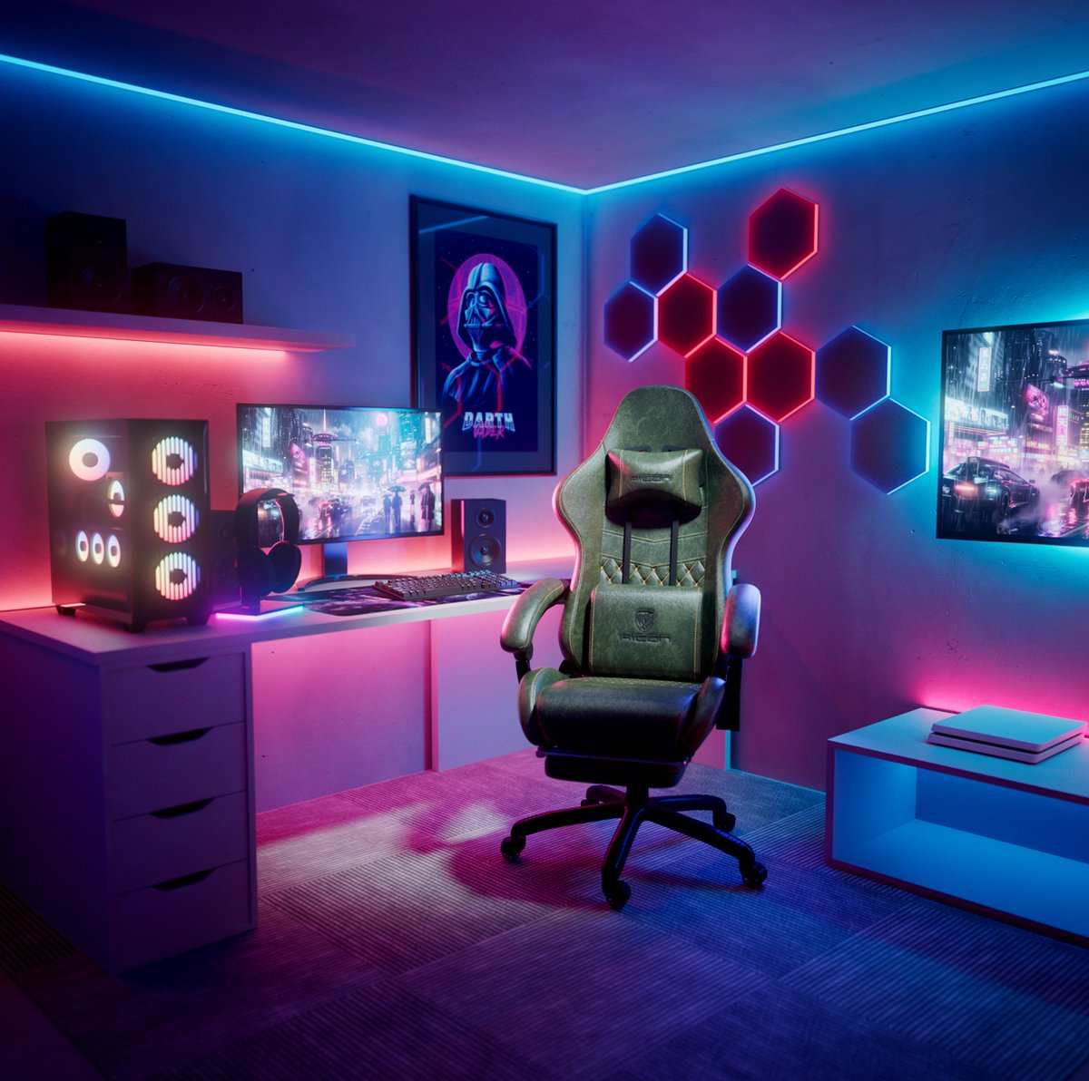 Afbeelding 2 van Gaming stoel - Gamestoel - Gaming Chair - Game stoel - Ergonomische - HICON® - Vittoria - Groen