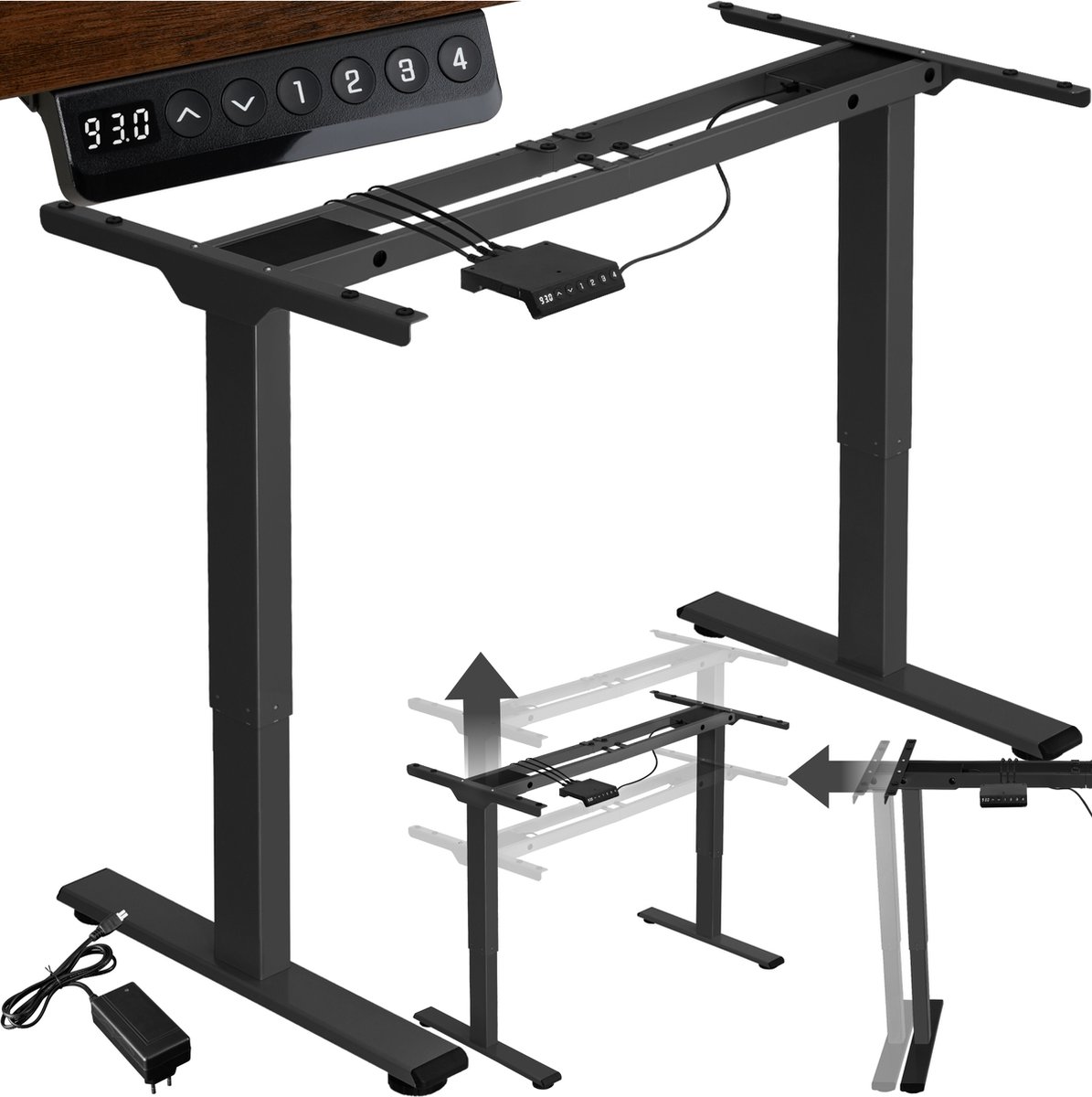 tectake® Elektrisch in hoogte verstelbaar bureauframe - Metalen tafelframe - Geheugenfunctie en stootbeveiliging - 2 stille motoren - Ideaal voor werk en gamen - Zit/sta bureau - Draagkracht 100 kg - Afmeting (LxBxH) 110-168 x 60 x 70-119 cm - Zwart