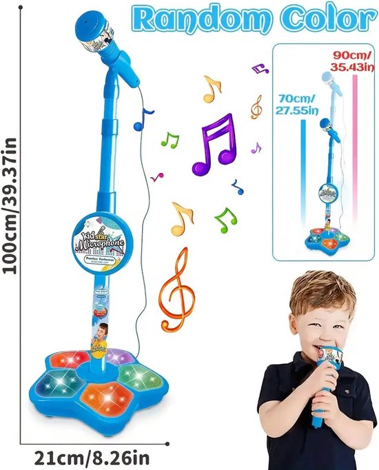 LED Karaoke Microfoon Speelgoed Blauw met Verstelbare Standaard – Educatief Muziekspeelgoed met Verlichting & Geluidseffecten – Perfect Cadeau voor Kinderen Verjaardagsfeestjes