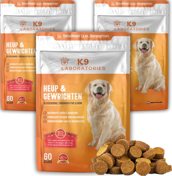 K9 Laboratories Heup & Gewricht - Hond Supplement - Gewrichtsklachten, Ouderdom, Artrose - Met Glucosamine, Chondroïtine, Groenlipmossel, Collageen & MSM - 180 Stuks