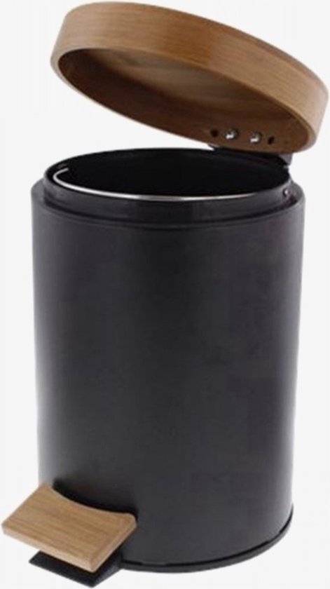 Prullenbak met bamboe deksel – Zwart / hout – Klein formaat - 3L - badkamer / wc / keuken / kantoor / horeca prullenbak