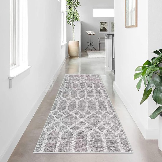 Tapis de couloir - Antidérapant - Lavable - Couloir - Long et doux - Grijs - Couloir - Tapis pour chambre - Couloir - Salon - Cuisine (Boho - Grijs - 60 x 180 cm)