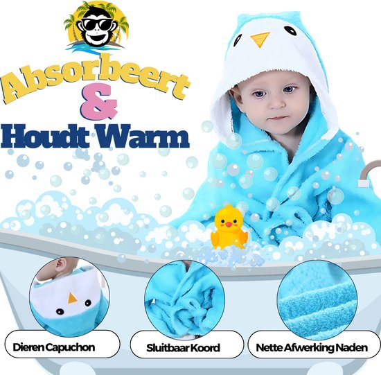 BoefieBoef Vogel Kinder Badjas Baby & Peuter 0-2 Jaar (0-85 cm) - Zacht Katoen Badstof met Dieren Capuchon - Absorberende Ochtendjas Handdoek voor Jongen & Meisje - Zwemles, Carnaval, Verjaardag & Kraamcadeau - Perfect na Bad & Zwemmen - Blauw van Merkloos — afbeelding 4