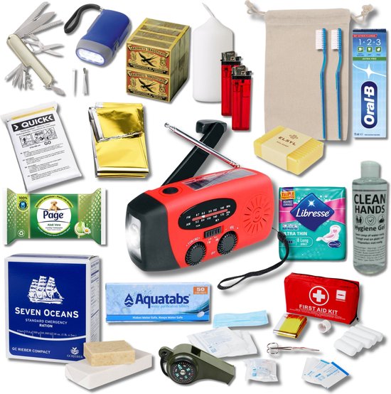 Noodpakket Oorlog en Noodsituaties Voor Thuis - Door Overheid Geadviseerd - Noodradio - Overlevingspakket - 72 Uur Noodrantsoen - Waterzuivering tabletten - Survival Benodigdheden