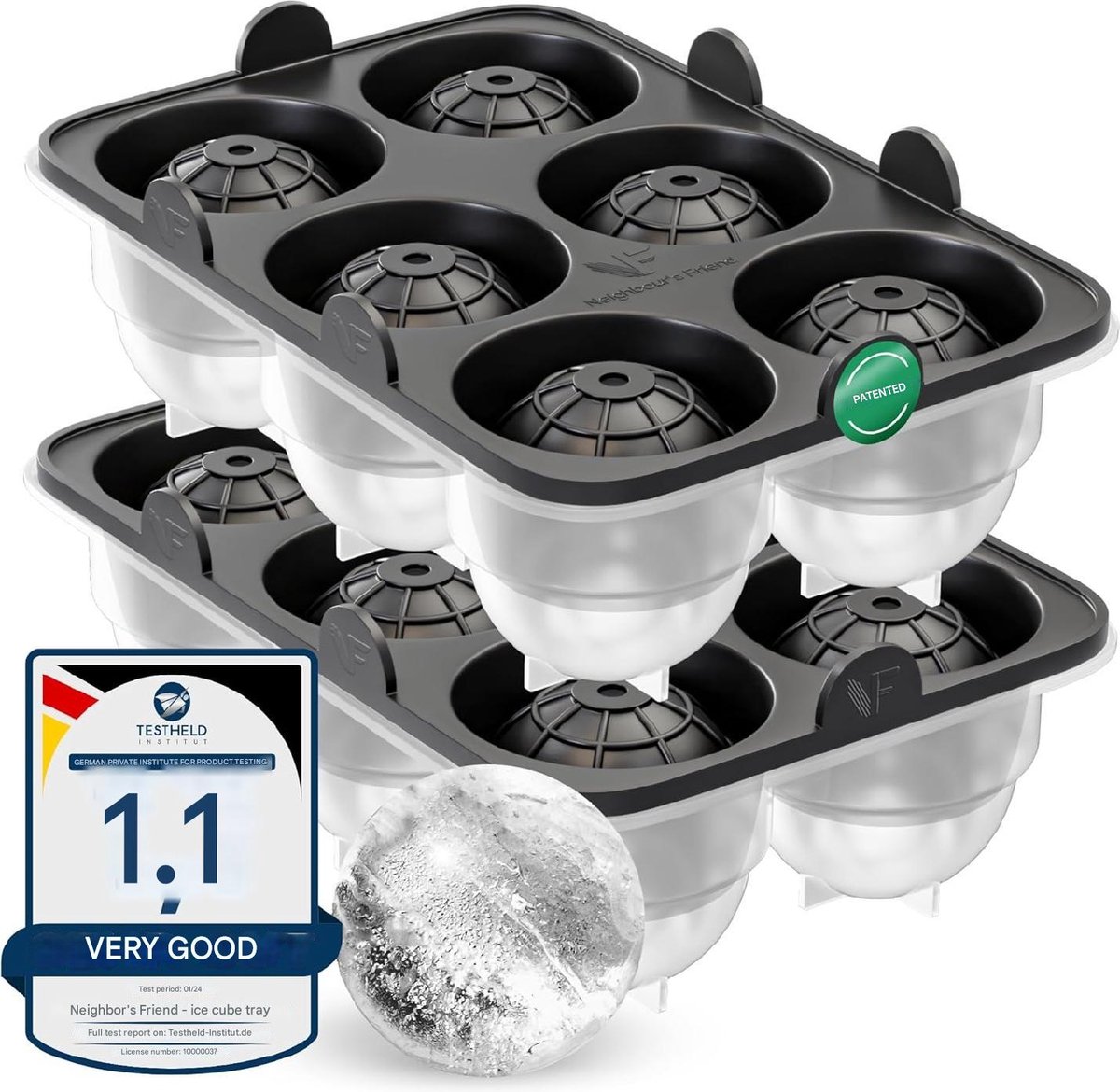Neighbour's Friend gepatenteerde ijsbalvorm, verpakking van 2, grote ijsblokjesvorm, rond, platina siliconen voor cocktails, whisky en longdrinks, 12 x ronde ijsblokjes, vaatwasserbestendig, XXL ijsblokjes