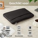 Zwarte laptoptas met rits, geschikt voor laptop, iPad, A4-papier, documenten, muis en pennen.