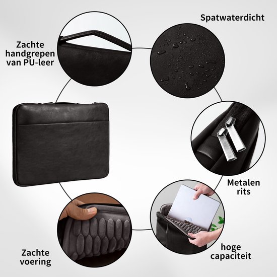 Overzicht van zwarte laptoptas met zachte handgrepen van PU-leer, spatwaterdichte stof, metalen rits, beschermende voering en hoge capaciteit.