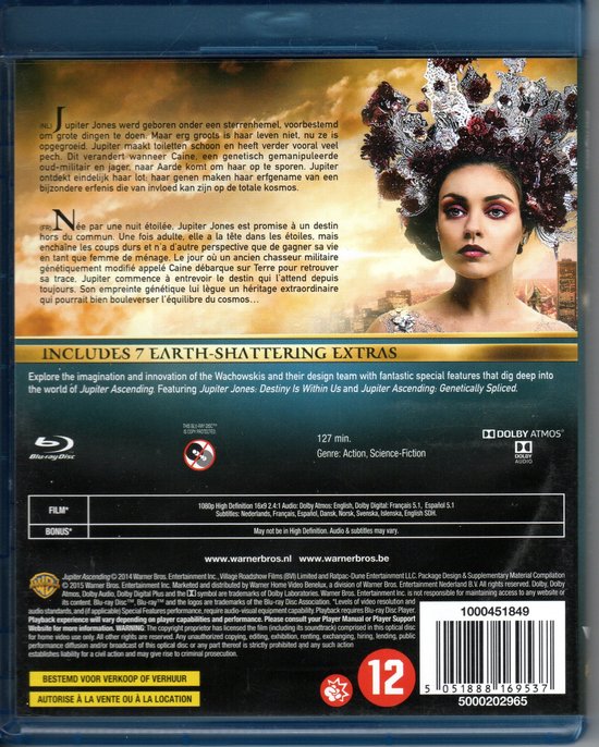 Achterkant Blu-ray van Jupiter Ascending met Mila Kunis in een uitgebreid hoofddeksel en beschrijving van de extra's.