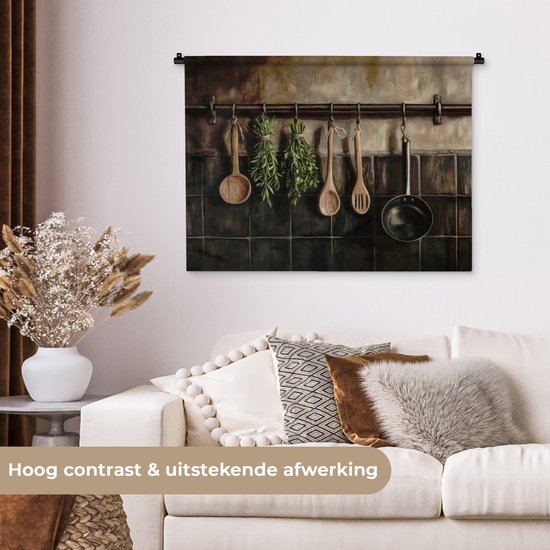 Tapisserie murale 90x67,5 cm - Tapisserie murale - Ustensiles de cuisine - Rustique - carrelages - Herbes - Tapisserie - Tapisseries