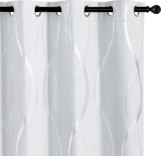 JGS ® Set de 2 rideaux, pour le salon, moderne, rideau occultant à œillets, rideau thermique, opaque, gris-blanc, rideaux décoratifs, rideaux à motif à rayures argentées, H 245 x L 140 cm