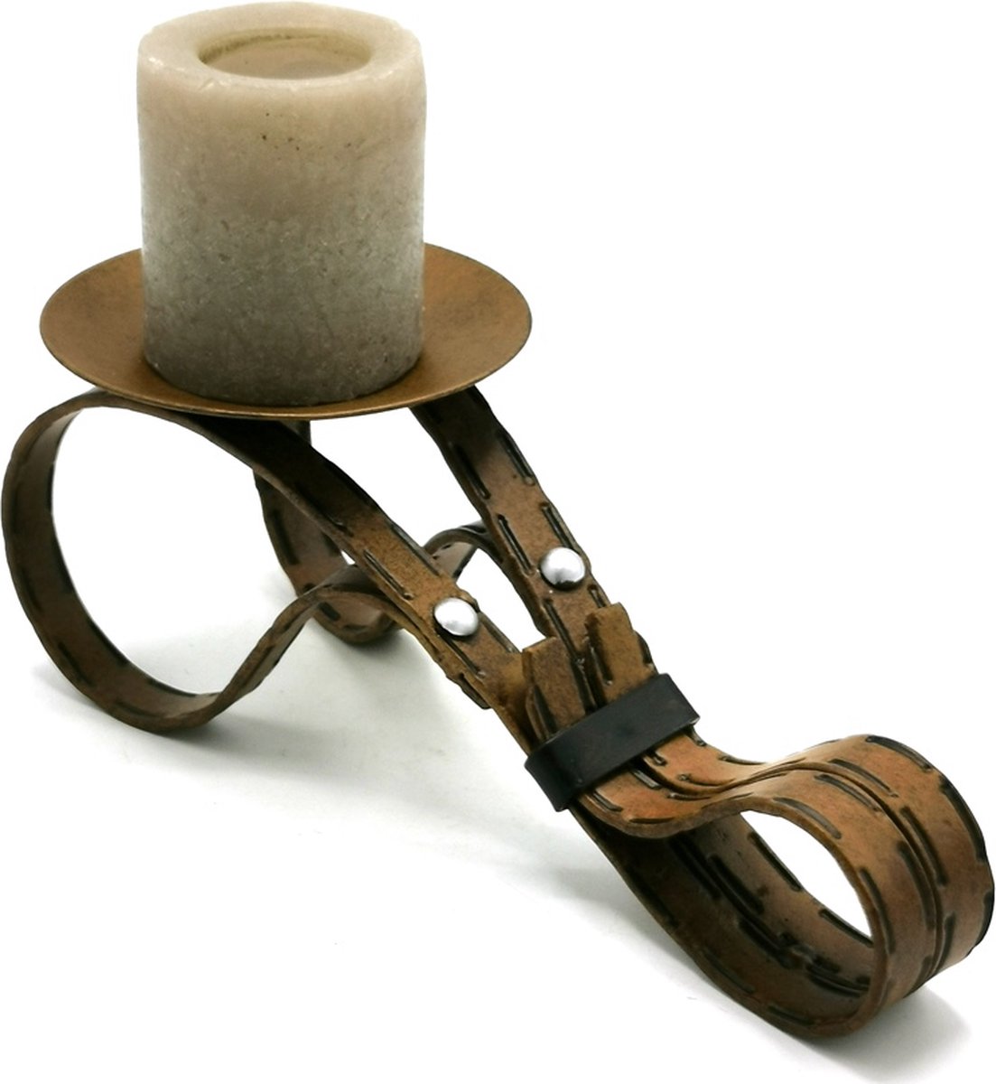 Boutique Trukado - Industriële IJzeren Kandelaar "Leren Riem" - (lxbxh) ca. 28cm x 12,5cm x 10,5cm