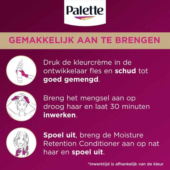 Instructies voor het aanbrengen van Palette haarverf. Het mengen van kleurcrème met de ontwikkelaar, aanbrengen op haar, laten inwerken en uitspoelen.