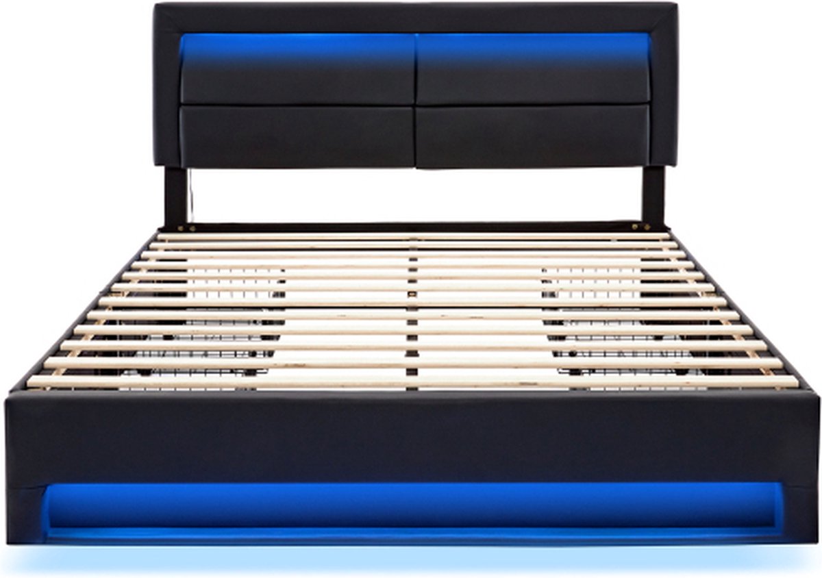 Gotagee Gestoffeerd bed 140x190cm (zonder matras) met USB poort, LED verlichting en 4 lades (draadloos en bedraad) PU zwart