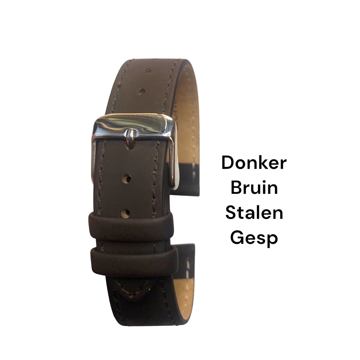 Horlogeband-20mm-echt leer-zacht-mat-donkerbruin-stalen gesp- 20 mm