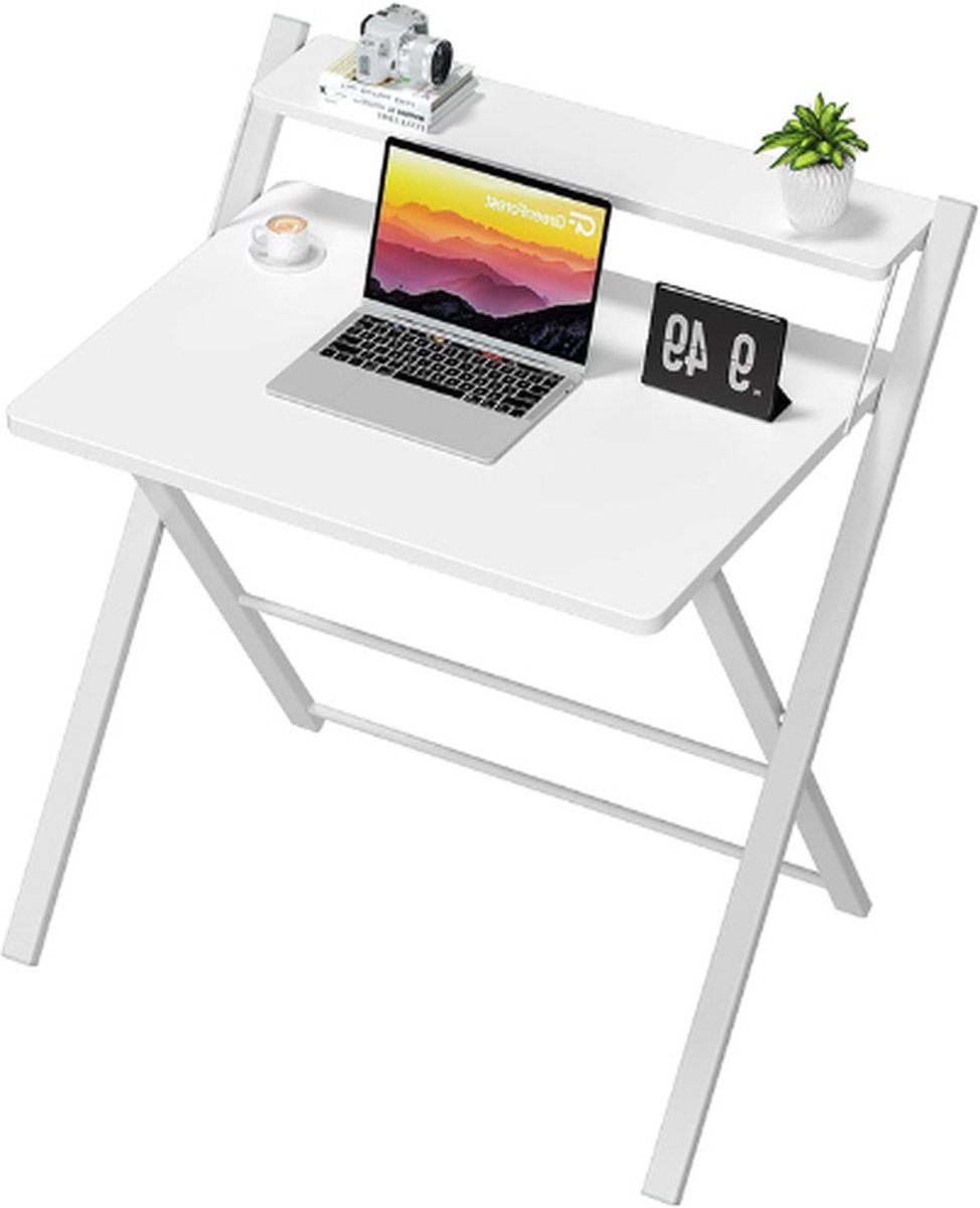 Opvouwbaar Bureau Geen Montage Nodig - Groot Formaat Computerbureau met 2-Tier Plank - Studietafel - Laptop Opvouwbare Tafel voor Kleine Ruimtes (Wit)