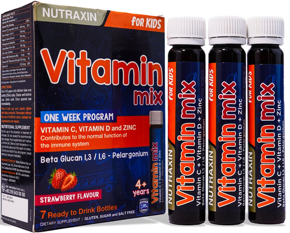 Goedkoopste Nutraxin Vitamin Mix voor Kinderen – Vitamine C, D & Zink – 7 Drinkflesjes – Immuniteit Ondersteunen – Aardbeiensmaak – 4 Jaar – Glutenvrij & Suikervrij