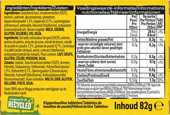 Achterkant verpakking Maggi kippenbouillon met ingrediënten en voedingswaarde. Bevat 'designed to be recycled'.