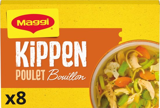 Maggi kippenbouillon met stukjes kip, wortel, prei en bloemkool in een kom.