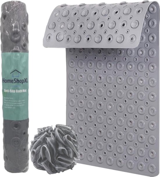 HSXL - Antislipmat - 88x40CM - Incl. Netspons - Antislip Douchemat / Badmat Grijs met Zuignappen – Mat voor in bad – Anti Slip Douche Cabine Mat – Mat voor in de Badkamer - Badkamer accessoires