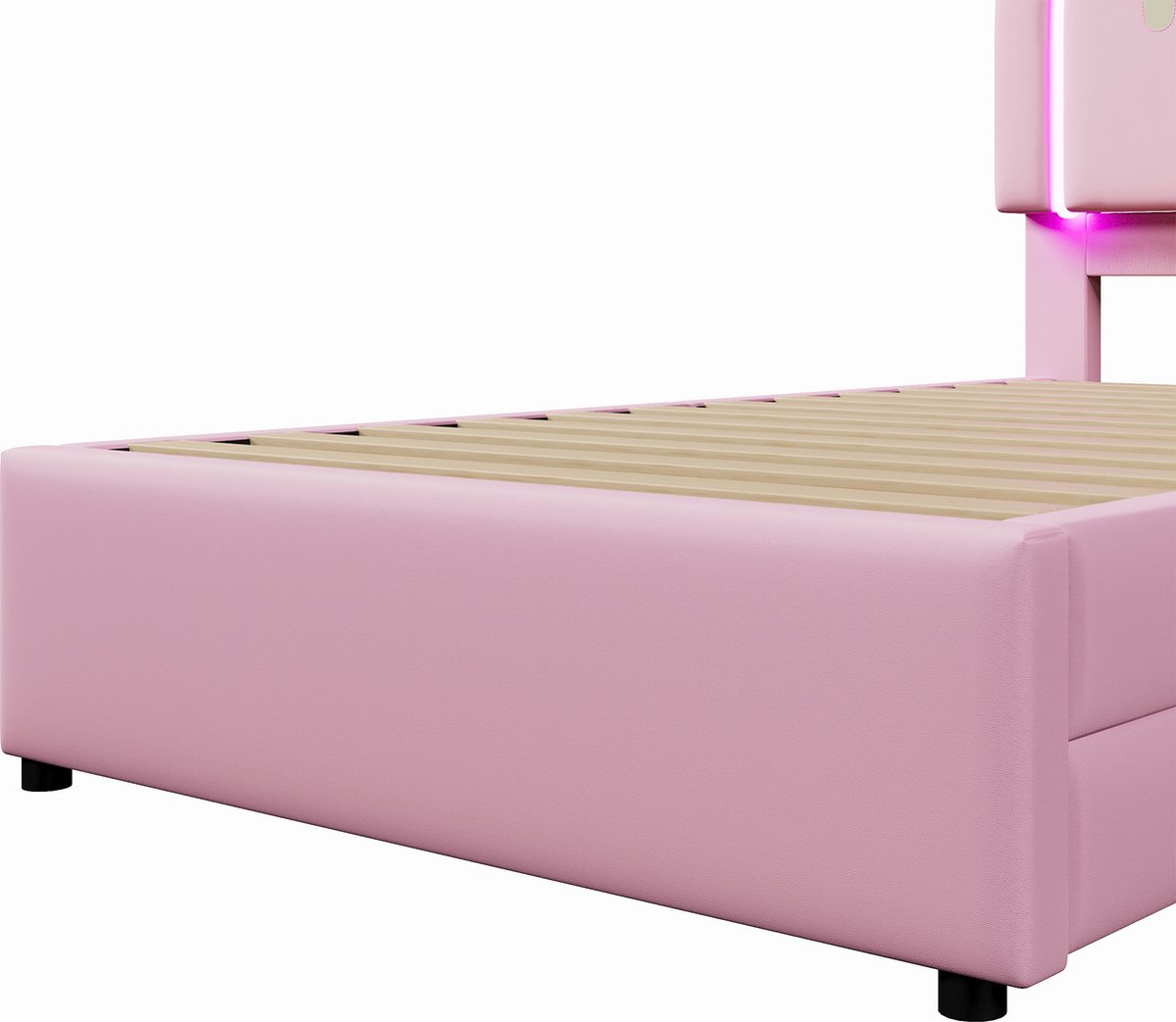 Gutent Kinderbed-90 x 200 cm-Zonder matras-met-licht-2 laden-Roze-Unicorn-look-PU — cadeau in Cadeau-ideeën - foto 8