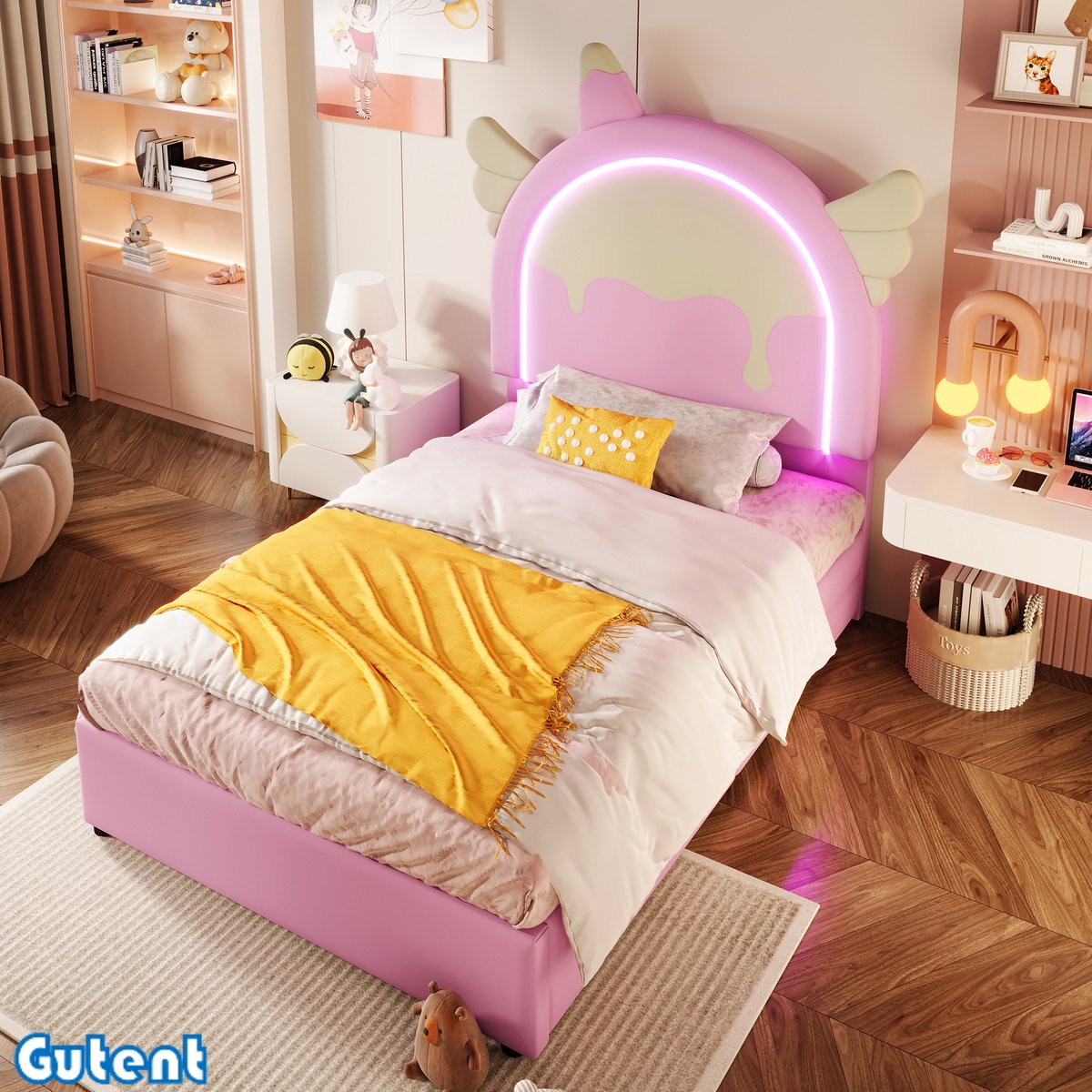 Gutent Kinderbed-90 x 200 cm-Zonder matras-met-licht-2 laden-Roze-Unicorn-look-PU
