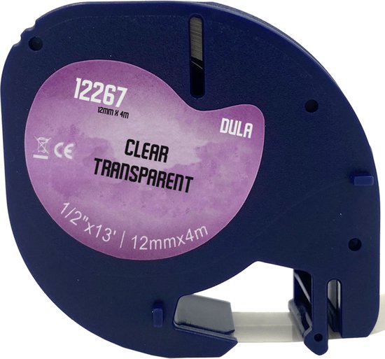 DULA® plastique Étiquettes 12267 pour Dymo LetraTag Label Printer - Zwart sur Transparent - 12 mm x 4 m - S0721530 Tape pour étiqueteuse - 10 Pack