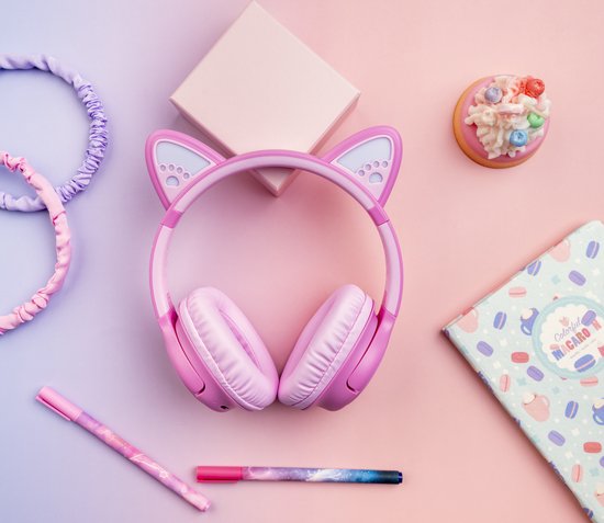 PowerLocus Bobo - Draadloze Koptelefoon voor Kinderen - Bluetooth koptelefoon - 74/85/94dB Volumebegrenzing - Katten Oortjes - Led Verlichting - Roze