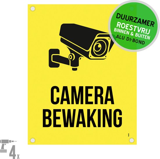 Foto: Pictogram bord dibond boorgaten camerabewaking 27 x 36 cm geel cctv beveiliging camera bewaking opvallend 1 stuk