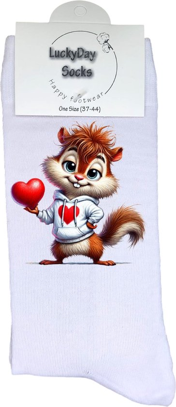 Eekhoorn - Valentijn sokken - Valentijns Cadeau - Grappige sokken - Leuke sokken - Hem Haar sokken - Vrolijke sokken - Hartjes - Vaderdag - Moederdag - Verjaardag cadeau - Kerst cadeau - Leuk Cadeau - Speciaal cadeau - Sokken maken Happy - Maat 37-44