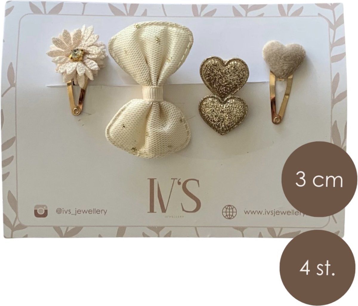 Haarspeldjes Meisje – Beige - Bloemen - Hartjes - Strikje - Set van 4