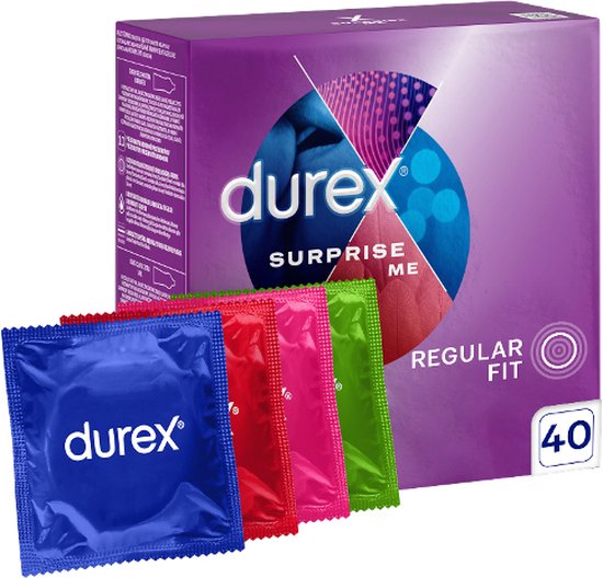Durex Surprise Me Mix Regular Fit 40 verpakkingen. Blauw, rood, roze en groen.