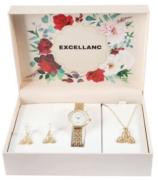 Excellanc ensemble de bijoux pour femme, montre, collier avec pendentif et boucles d'oreilles, couleur or