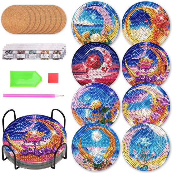 8 stuks Diamond Painting onderzetters, doe-het-zelf diamant oceaan schilderij glazen onderzetters met houder, blauwe oceaan, zeeleven, glazen onderzetters voor wooncultuur, bars, feest