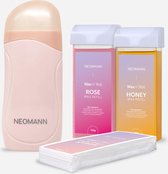 Neomann Wax n' Roll Portable waxing set - Wax roller 2x cartridges met roos wax en honing wax refill voor vakantie en op reis - Wax kit met 50 wax strips