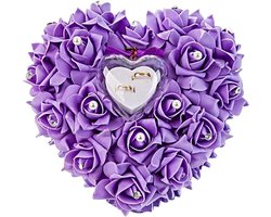 Romantisch Bruiloft Ringkussen Ring Box Hart Voorkeuringen Elegante Satijn Flora Paars