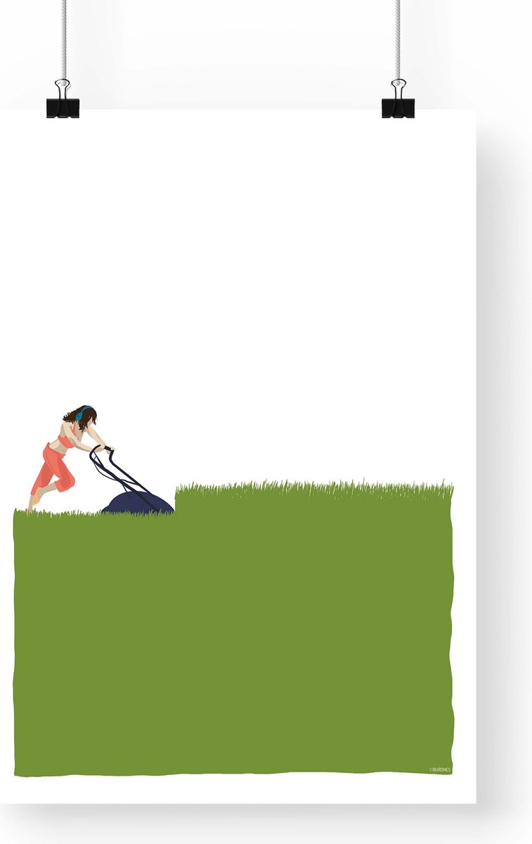 Artprint De Groene Tuinierster - Gras maaien illustratie in A3 formaat - Poster met dame die gras maait