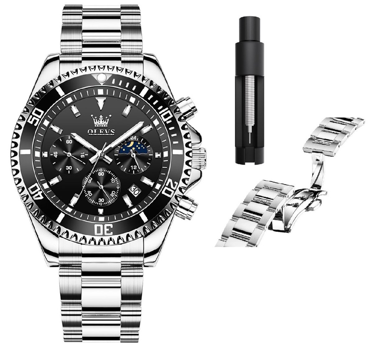 OLEVS Herenhorloge - RVS - Vlindersluiting - Premium Editie - Zwart-Zilver - Luxe Horloge voor Mannen