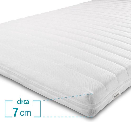 Surmatelas blanc avec housse rayée et fermeture éclair. Environ 7 cm d'épaisseur. Logo Easy Bedden.