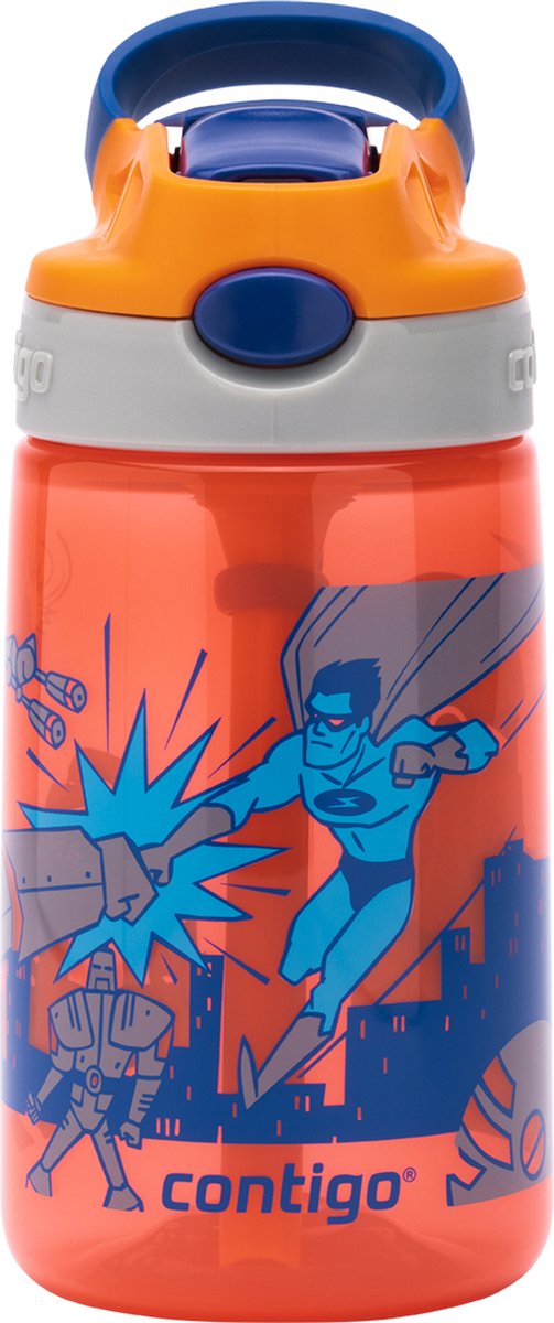 Contigo Gizmo Flip Autospout kinderdrinkfles met rietje, BPA-vrije waterfles - Nectarine with Superhero - 420ml