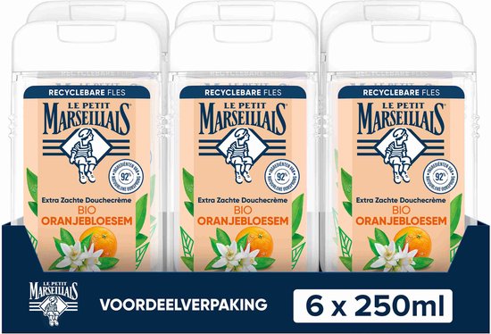 Lot promotionnel de 6 flacons de crème de douche Le Petit Marseillais BIO Fleur d'Oranger de 250ml.